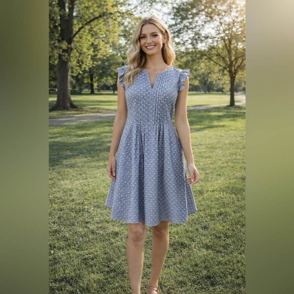 CECE Dress 10 Blue White A Line Flutter Sleeve Cotton Summer Career Church